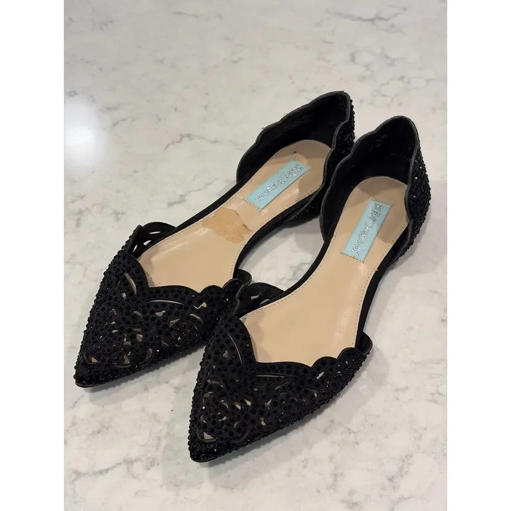 Betsey Johnson Women’s Lucy Beaded Fancy Laser-Cut D'Orsay Flats Size 7 Black